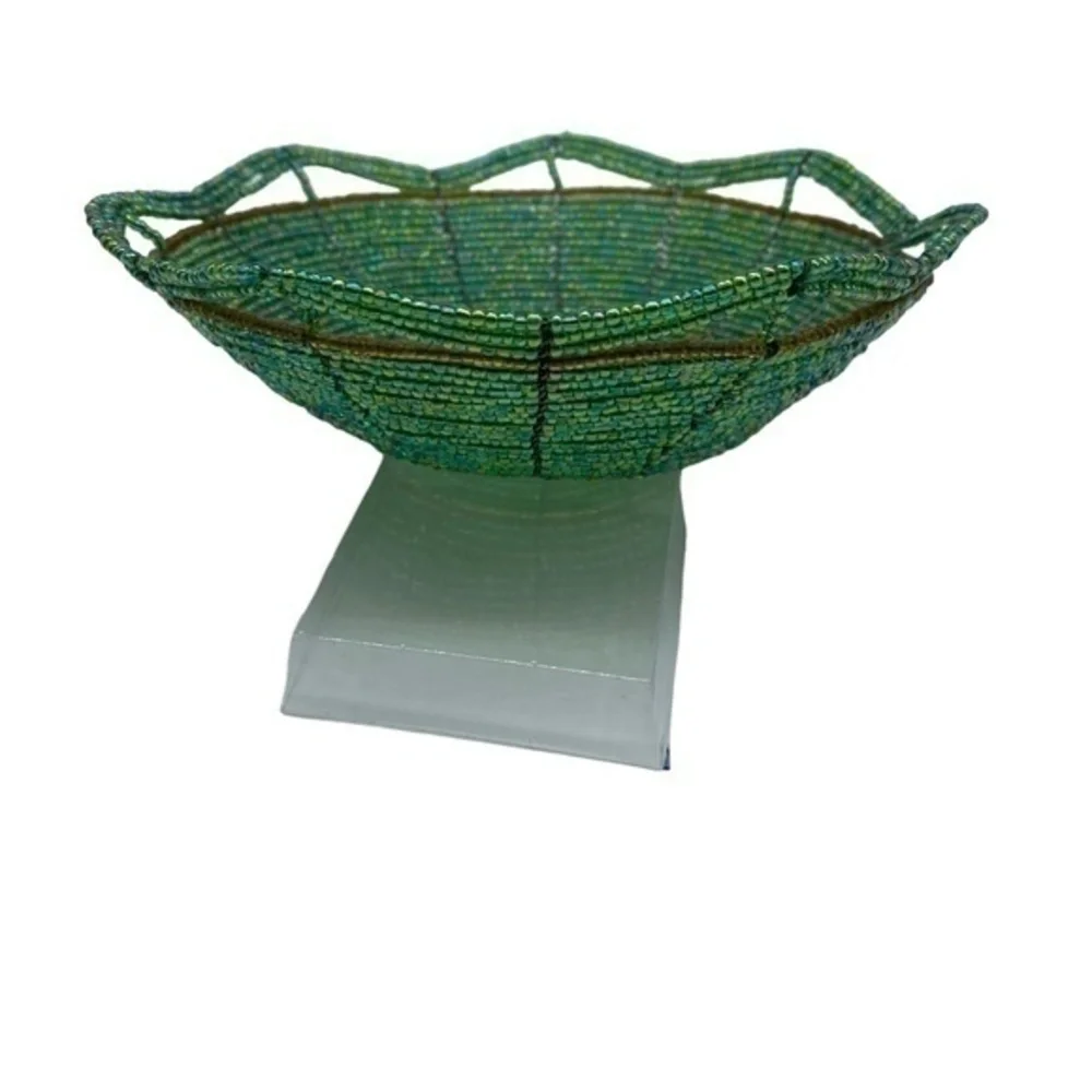 Maasai Beaded Basket Green Iridescent Hand Woven